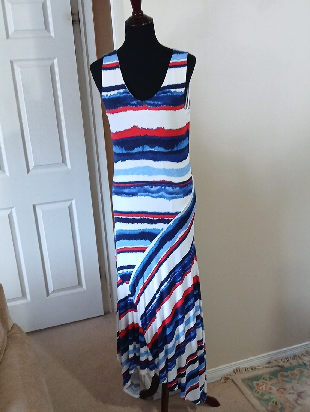 Tribal Sleeveless Maxi Dress in White, Blue & Red Stripes